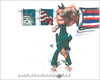 Envelope showing a large arm shaking money from a consumer who is strung upside down.