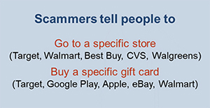 Scammers tell people to go to a specific store and buy a specific gift card.