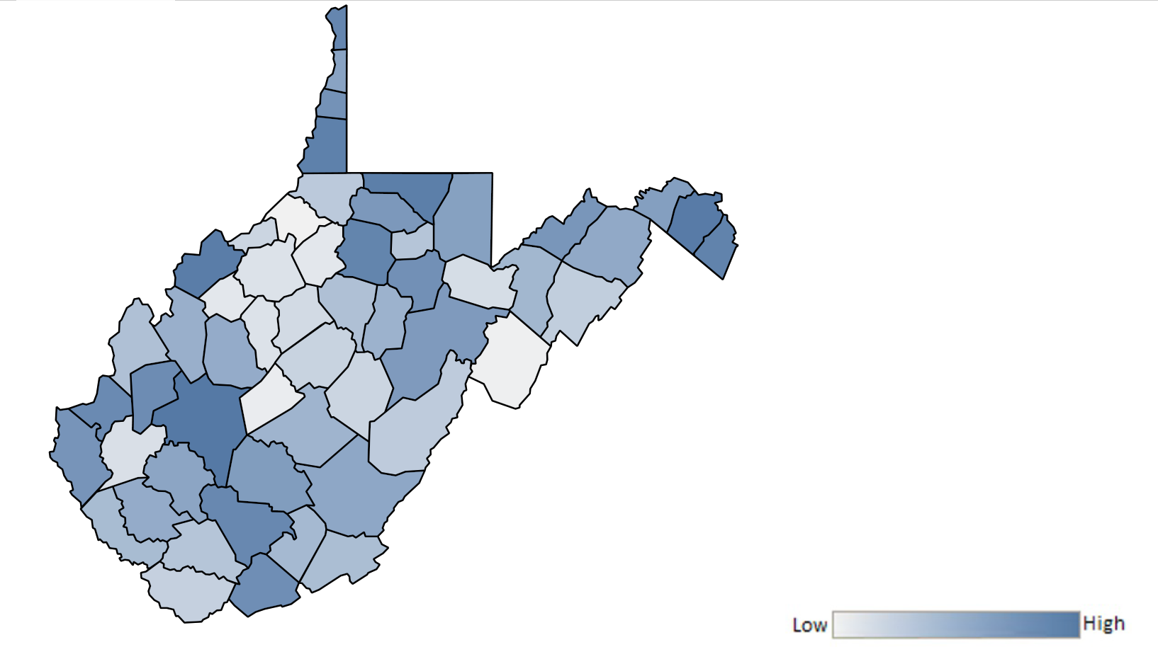 Map of West Virginia counties indicating relative number of complaints from low to high. See attached CSV file for complaint data by jurisdiction.