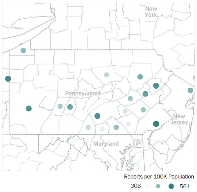 Map of Pennsylvania Metropolitan Statistical Areas showing number of reports per 100K population, ranging from a low of 306 to a high of 561. See attached CSV file for report data by MSA.