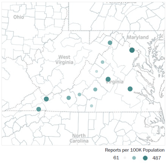 Map of Virginia Metropolitan Statistical Areas showing number of reports per 100K population, ranging from a low of 61 to a high of 487. See attached CSV file for report data by MSA.