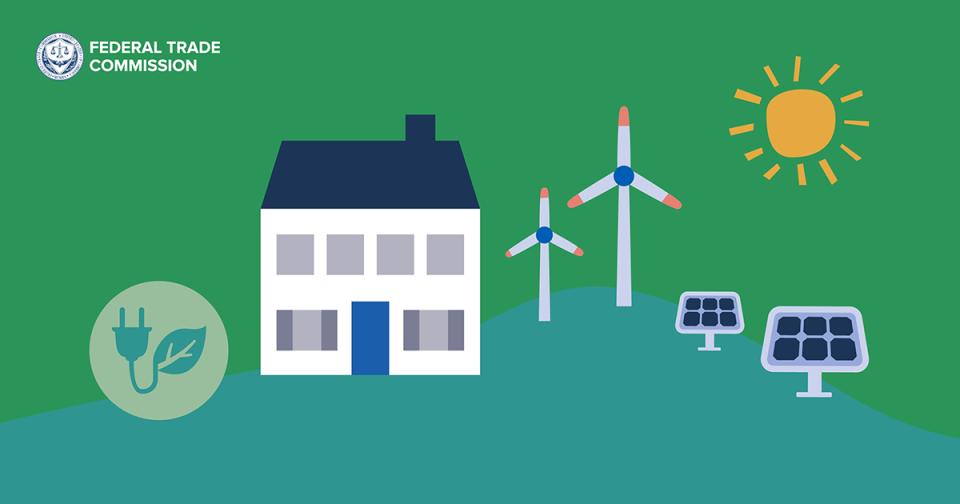 image of electric plug, house, sun, solar panels and wind turbines